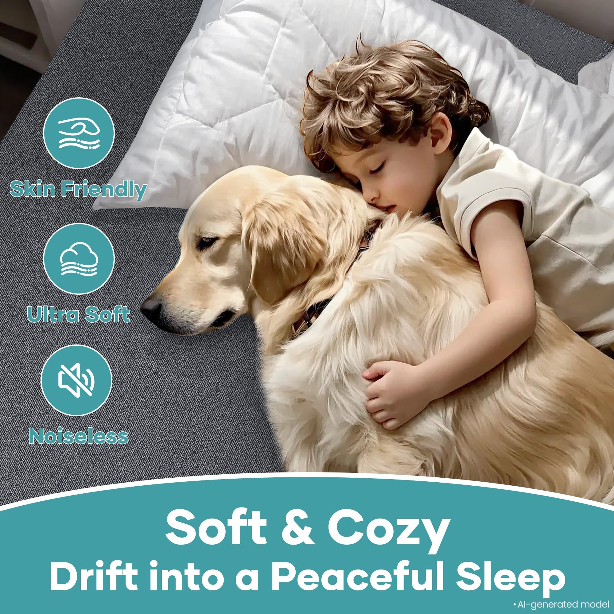 OhGeni protector on made bed in bedroom setting illustrating quiet, comfortable sleep surface and protection