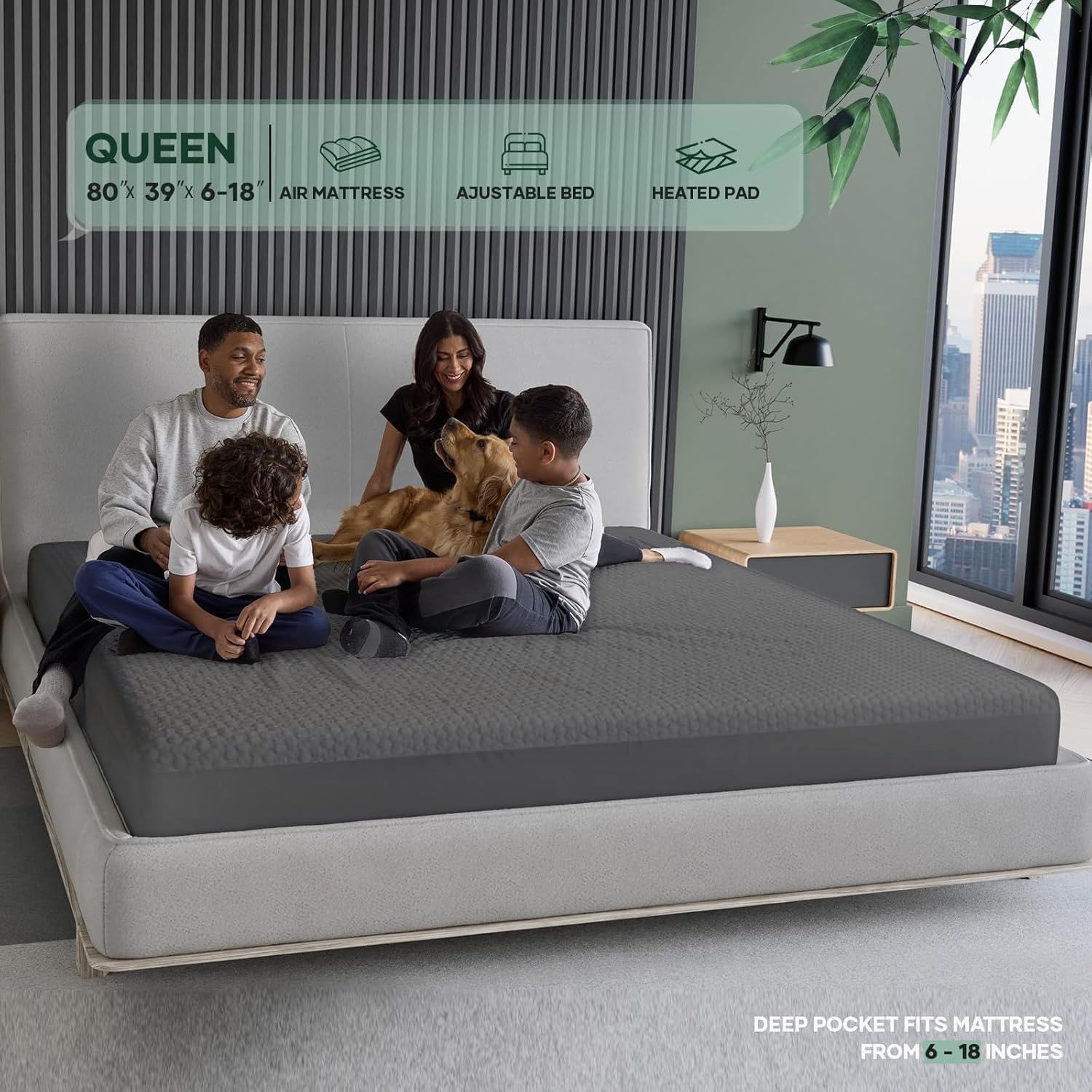 OhGeni protector fitted on queen mattress showing smooth, quiet sleeping surface