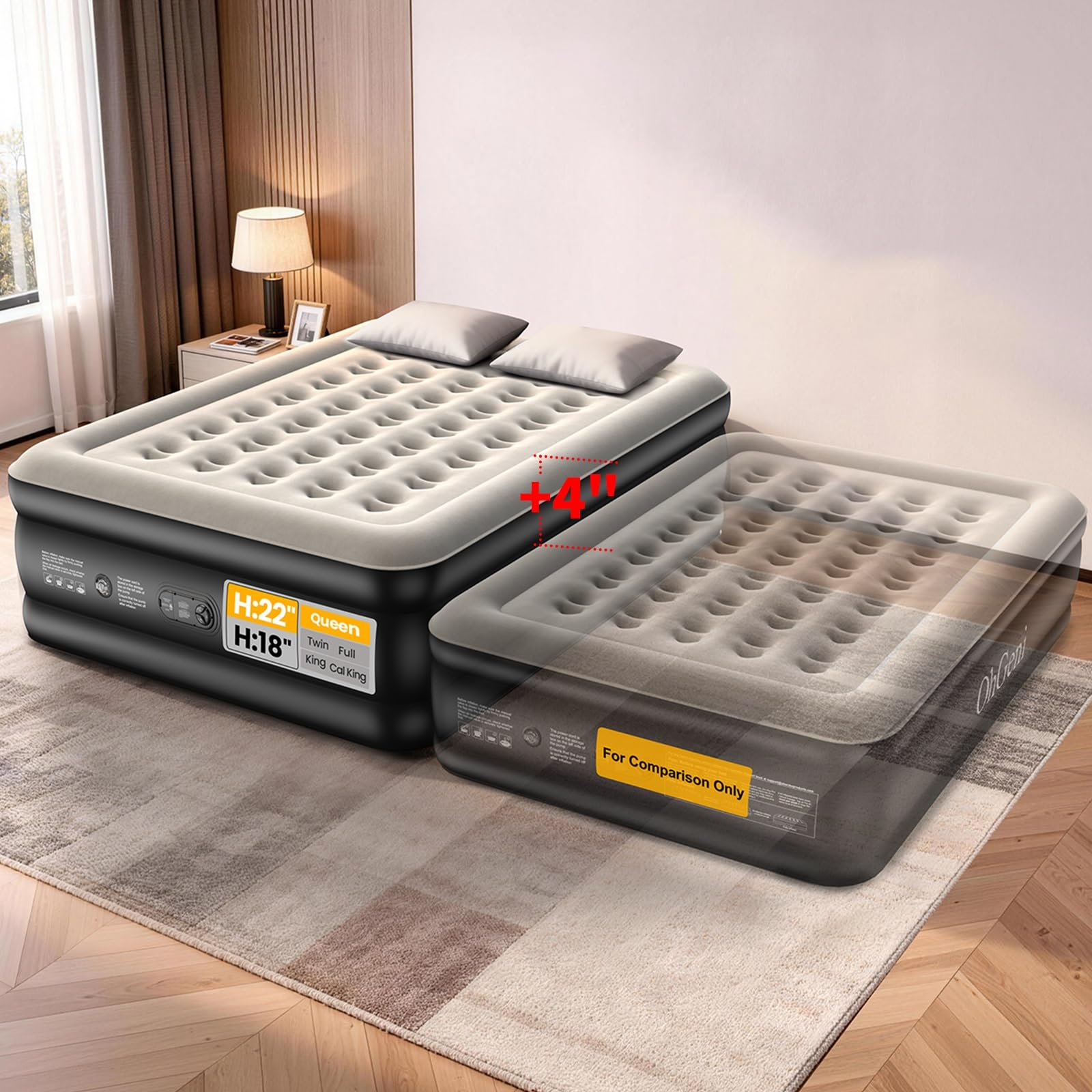 OhGeni front view of raised queen air mattress showing bed-like height and comfort