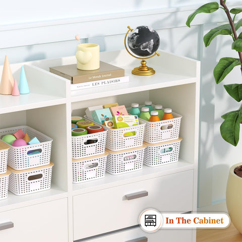 Ohmlove stacked baskets on a shelf maximizing vertical storage and order