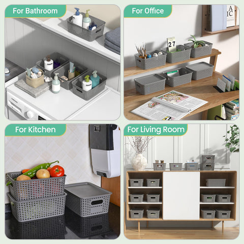 Ohmlove baskets on bathroom counter holding toiletries, tidy countertop benefit
