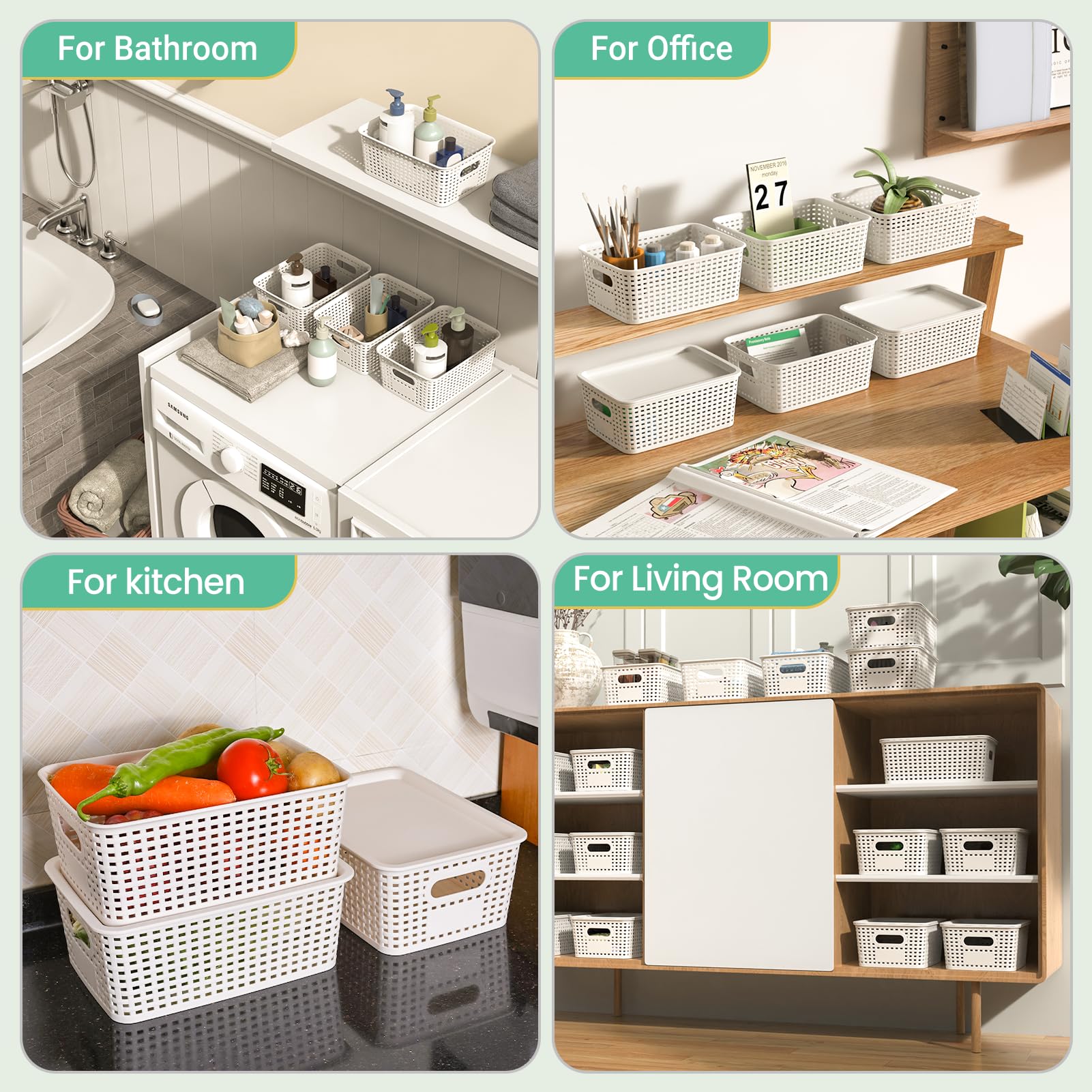 Ohmlove bathroom setup with baskets organizing toiletries