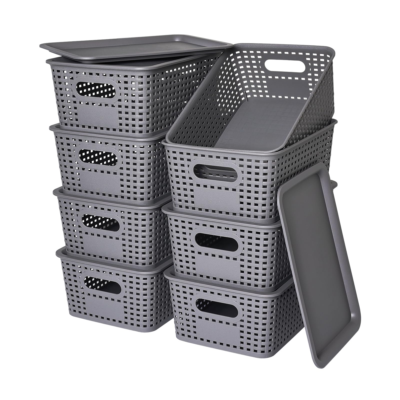 Ohmlove front view showing eight stacked baskets and lids, neat storage benefit