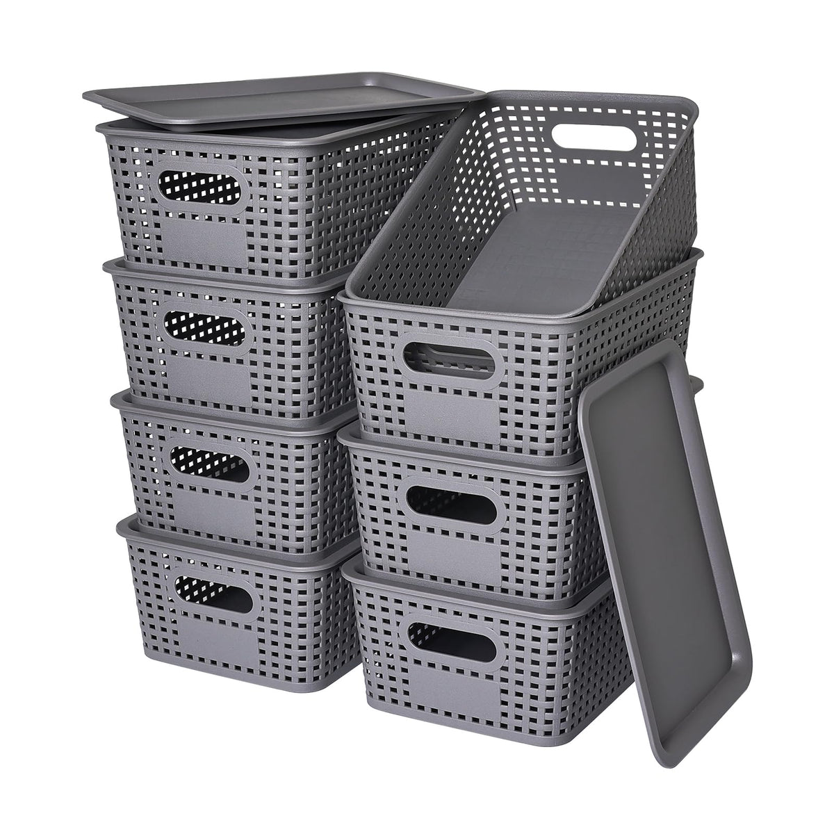 Ohmlove front view showing eight stacked baskets and lids, neat storage benefit