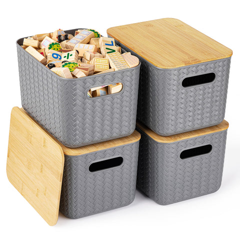 Ohmlove front view of four stackable storage bins showing neat organization and style