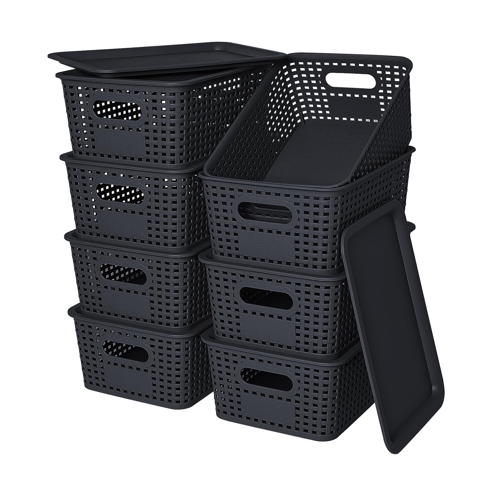 Ohmlove front view of eight stacked baskets showing tidy uniform organization