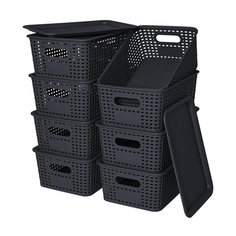 Ohmlove front view of eight stacked baskets showing tidy uniform organization
