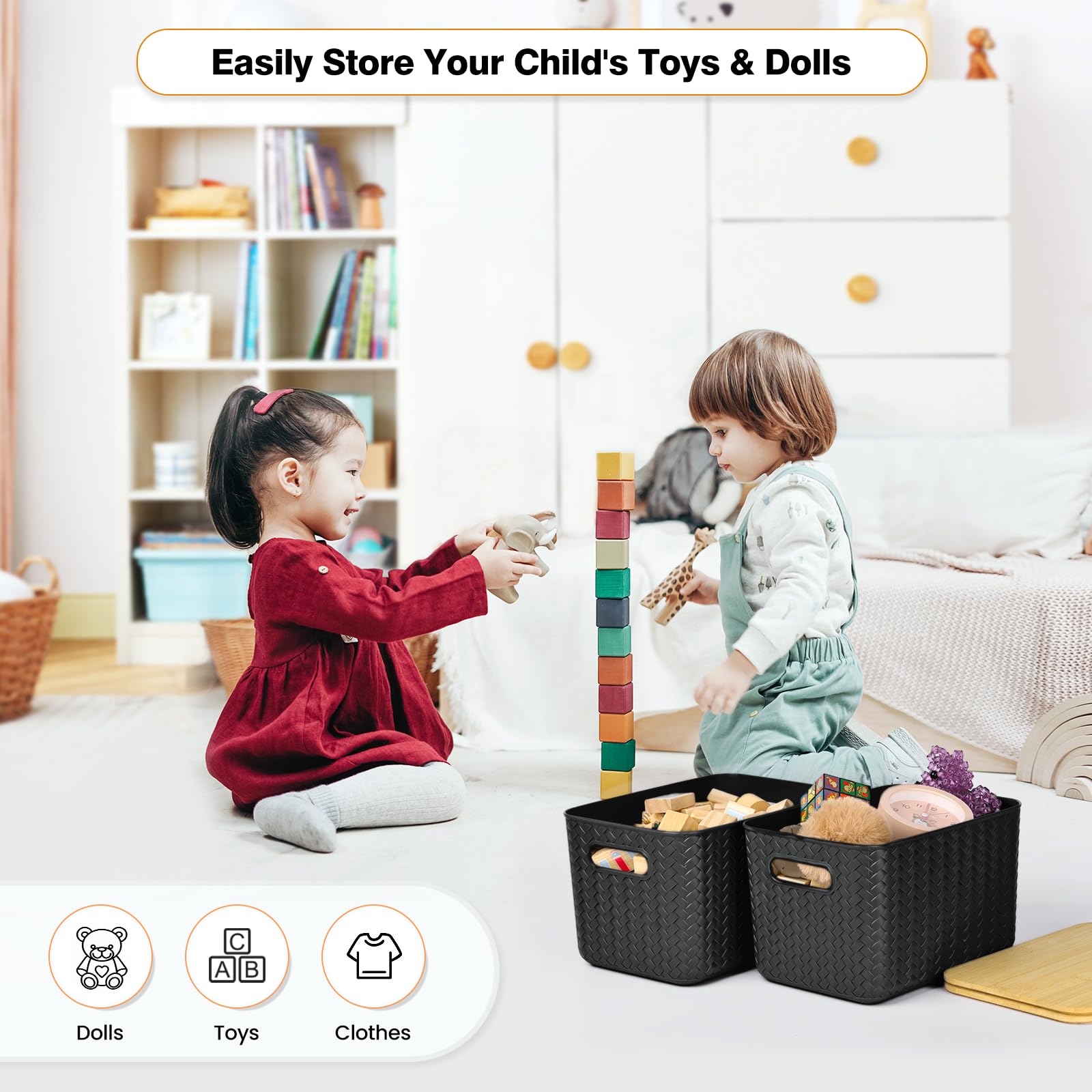 Ohmlove storage boxes on bathroom shelf keeping toiletries neatly stored