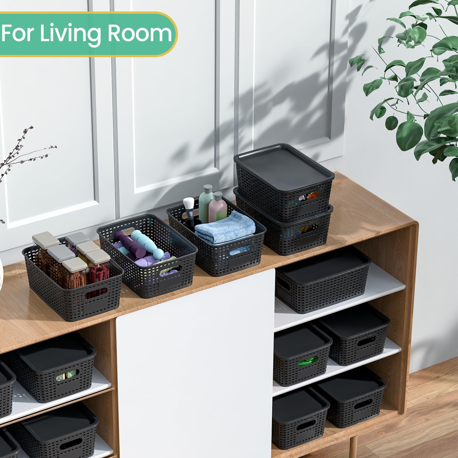 Ohmlove stacked baskets on shelf saving vertical space and keeping items neat