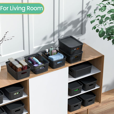 Ohmlove stacked baskets on shelf saving vertical space and keeping items neat