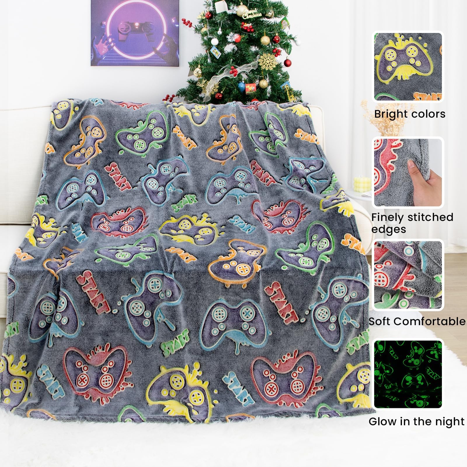 OHOIT blanket draped on couch during gaming for added warmth and style