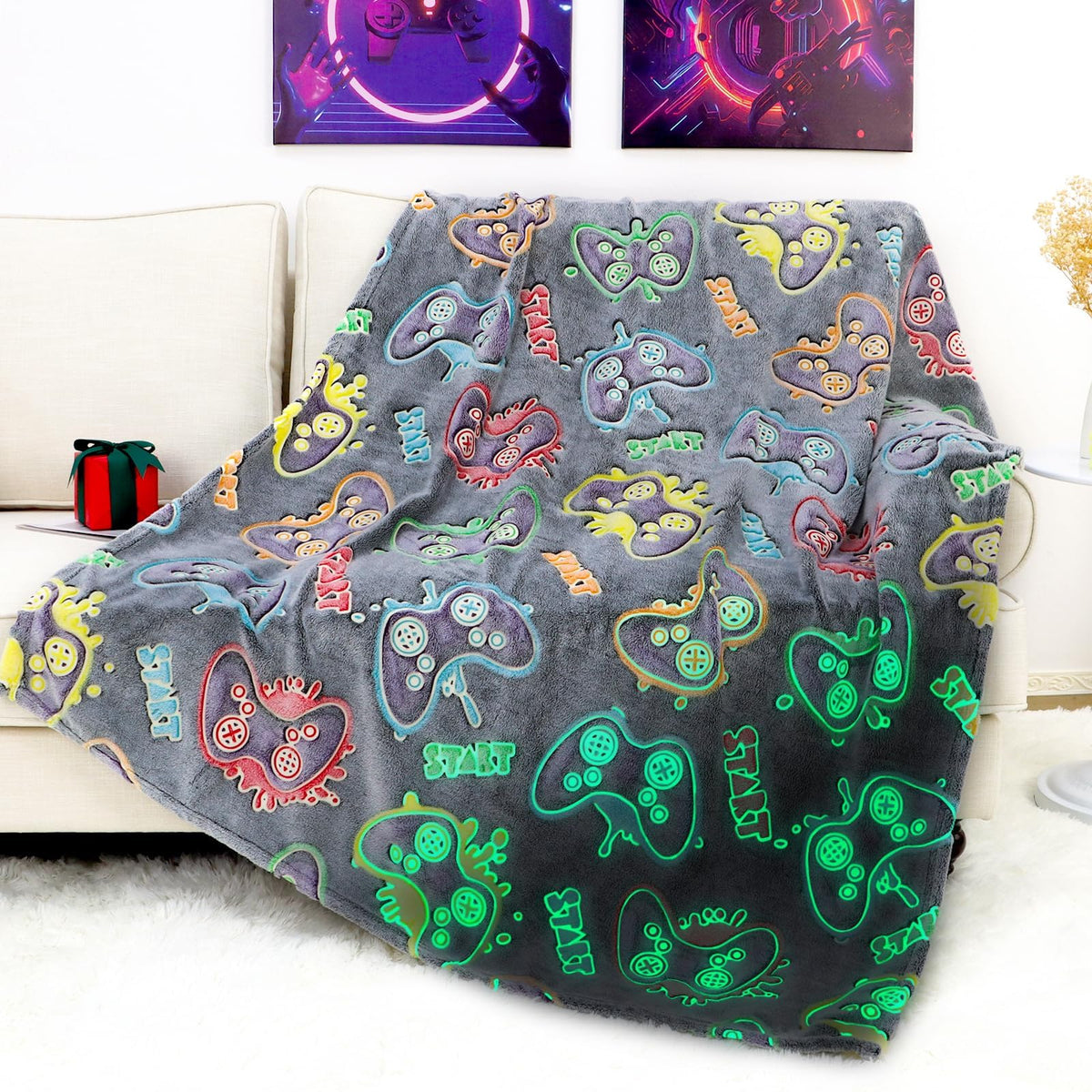 OHOIT blanket front view showing game controller print and cozy appeal