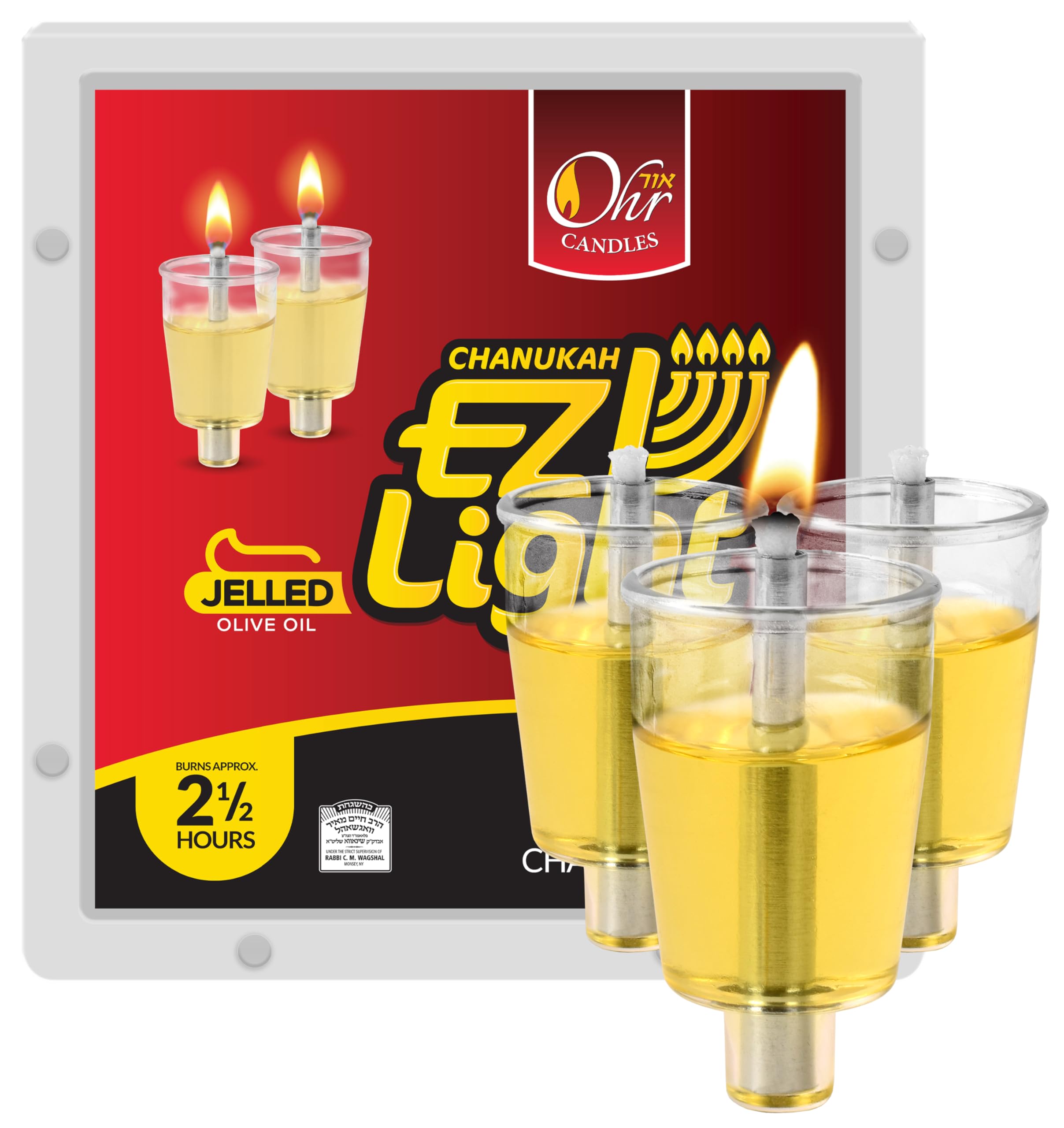 Family table with OHR CANDLES menorah lit, creating traditional holiday atmosphere
