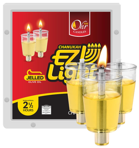 Family table with OHR CANDLES menorah lit, creating traditional holiday atmosphere