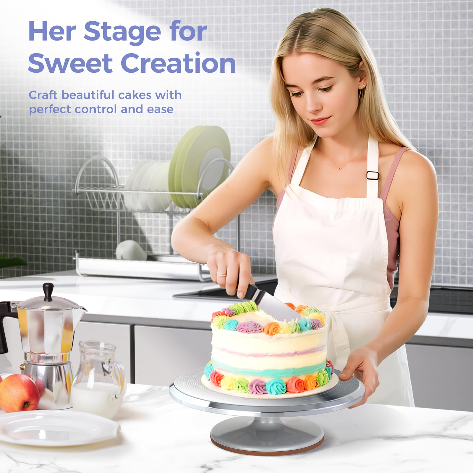Ohuhu wide base with rubber pad visible offering anti-slip stability when frosting or cutting cakes