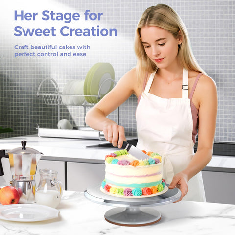 Ohuhu wide base with rubber pad visible offering anti-slip stability when frosting or cutting cakes