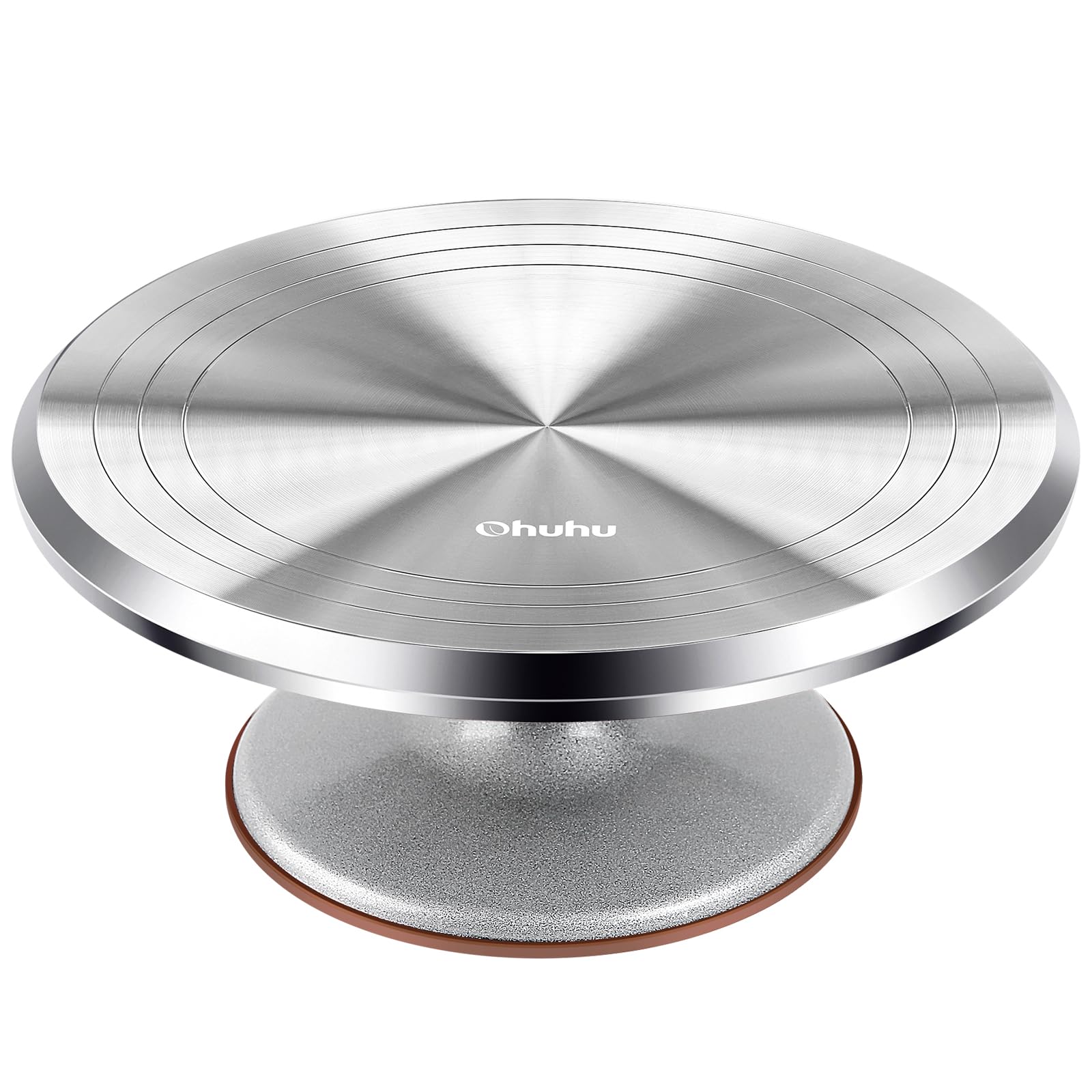 Ohuhu front view of 12-inch aluminum cake turntable showing sturdy platform and sleek finish for reliable decorating