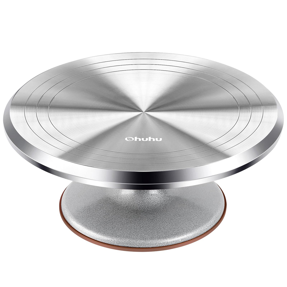 Ohuhu front view of 12-inch aluminum cake turntable showing sturdy platform and sleek finish for reliable decorating