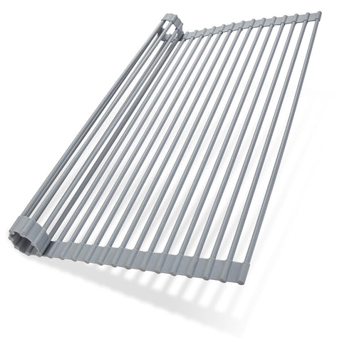 Ohuhu front view of roll-up over-the-sink rack shows space-saving benefit
