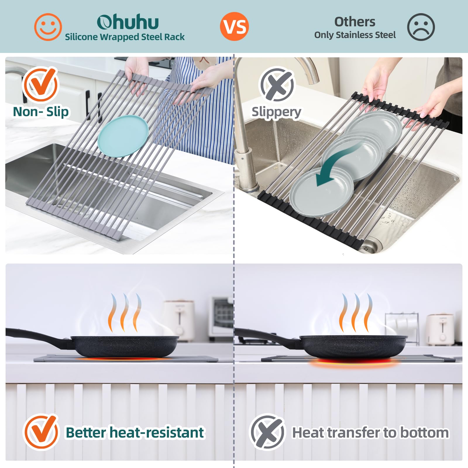 Ohuhu rack in use drying plates and glasses directly over sink drain