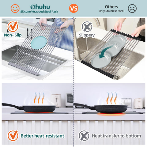 Ohuhu rack in use drying plates and glasses directly over sink drain