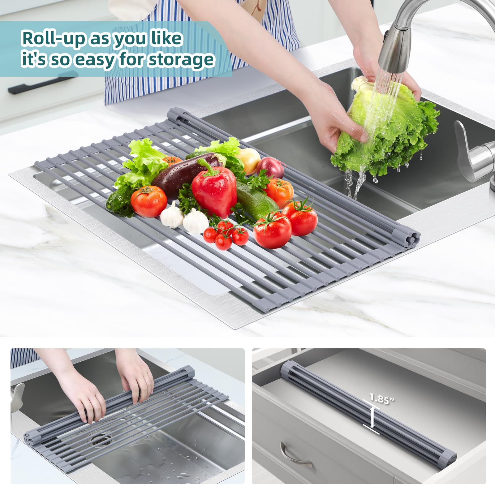Ohuhu rack used to rinse and drain fresh produce for prep convenience