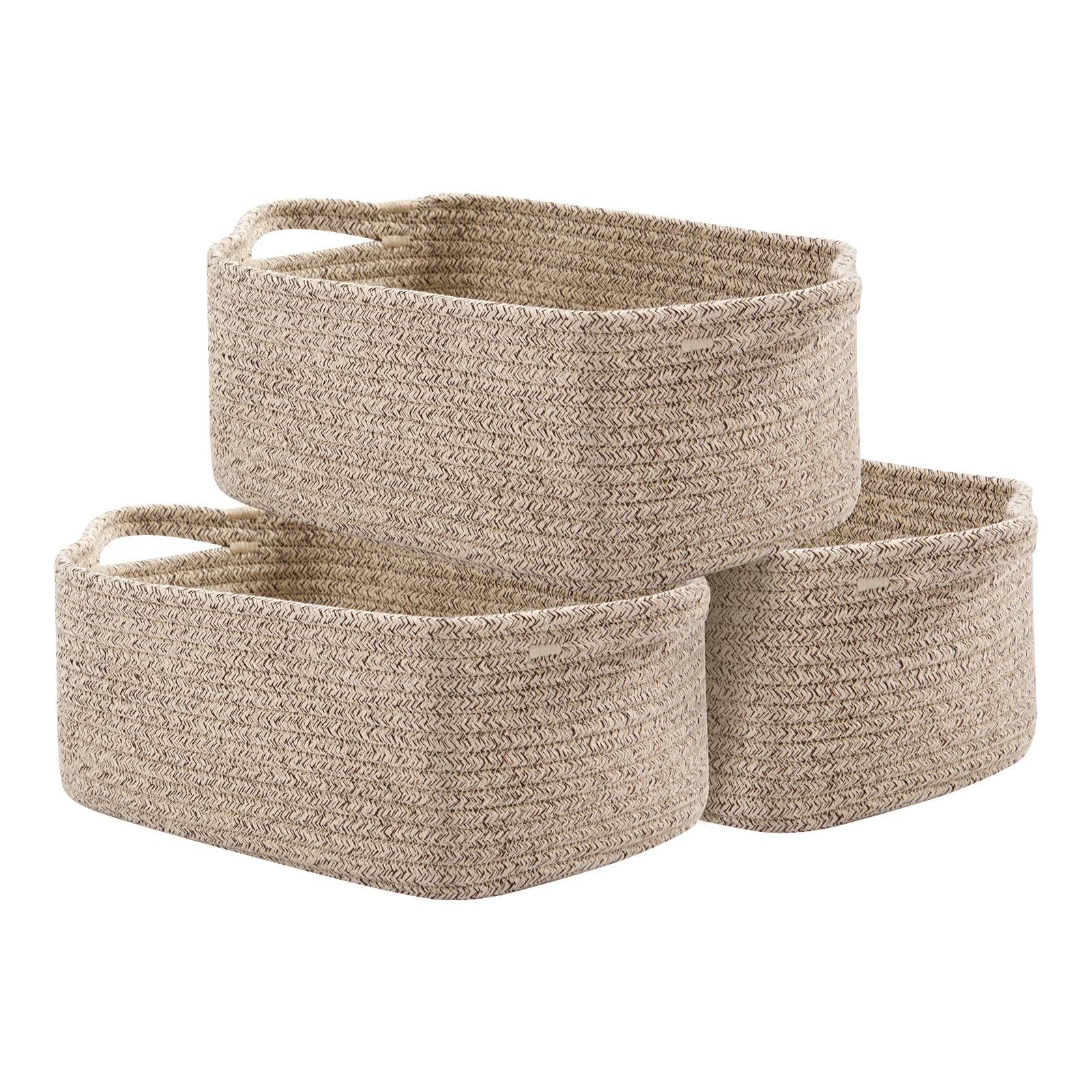 OIAHOMY front view of three brown cotton rope baskets showing neat organization and decor benefit
