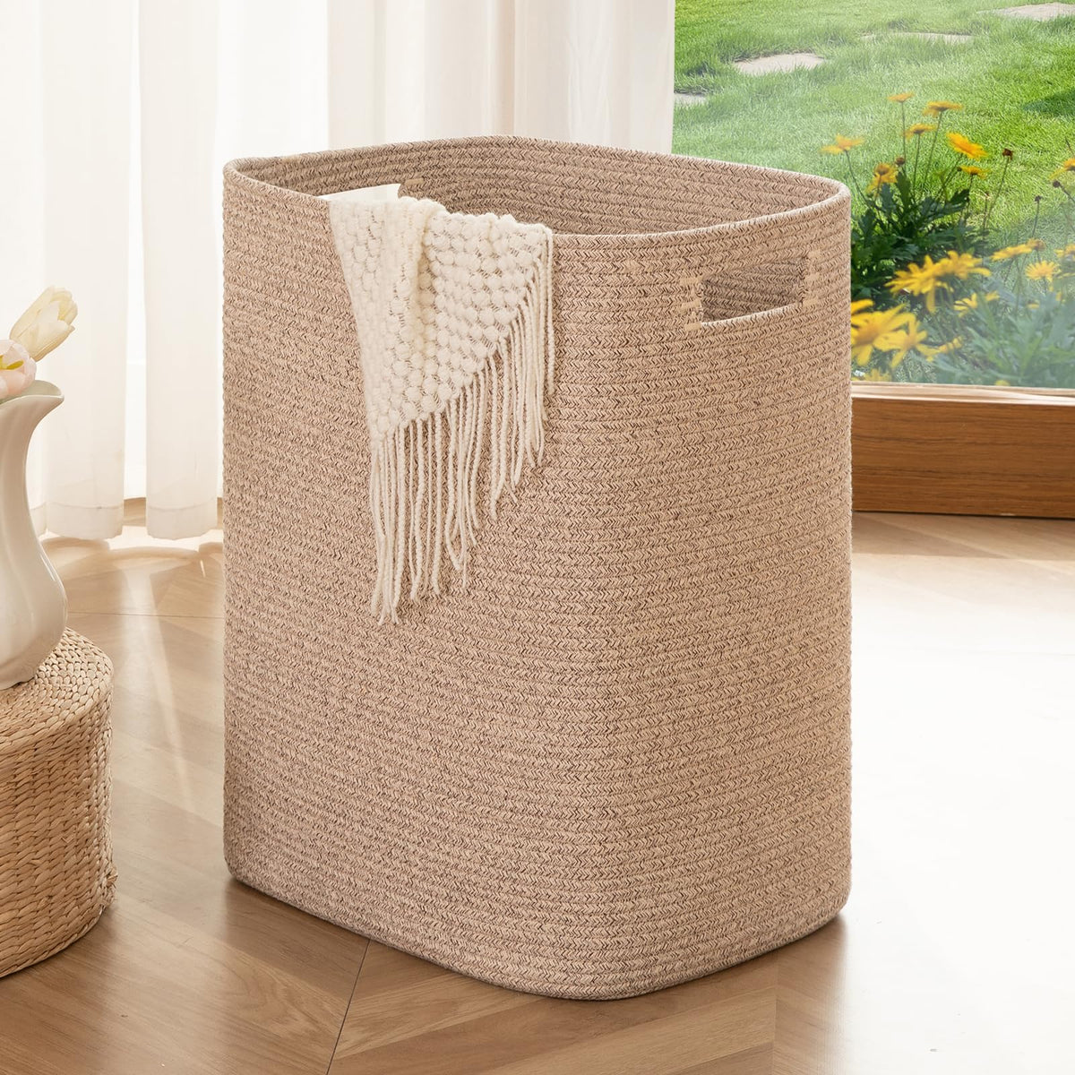 OIAHOMY front view brown laundry hamper showing roomy storage