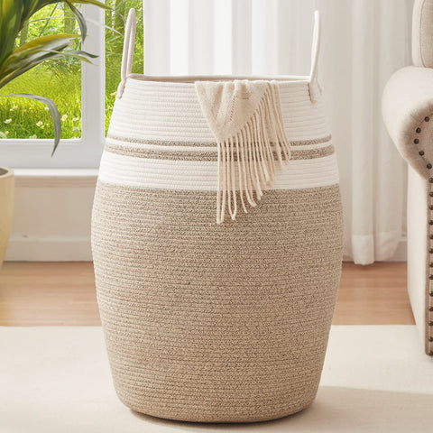 OIAHOMY front view brown rope hamper shows clean storage and decorative appeal