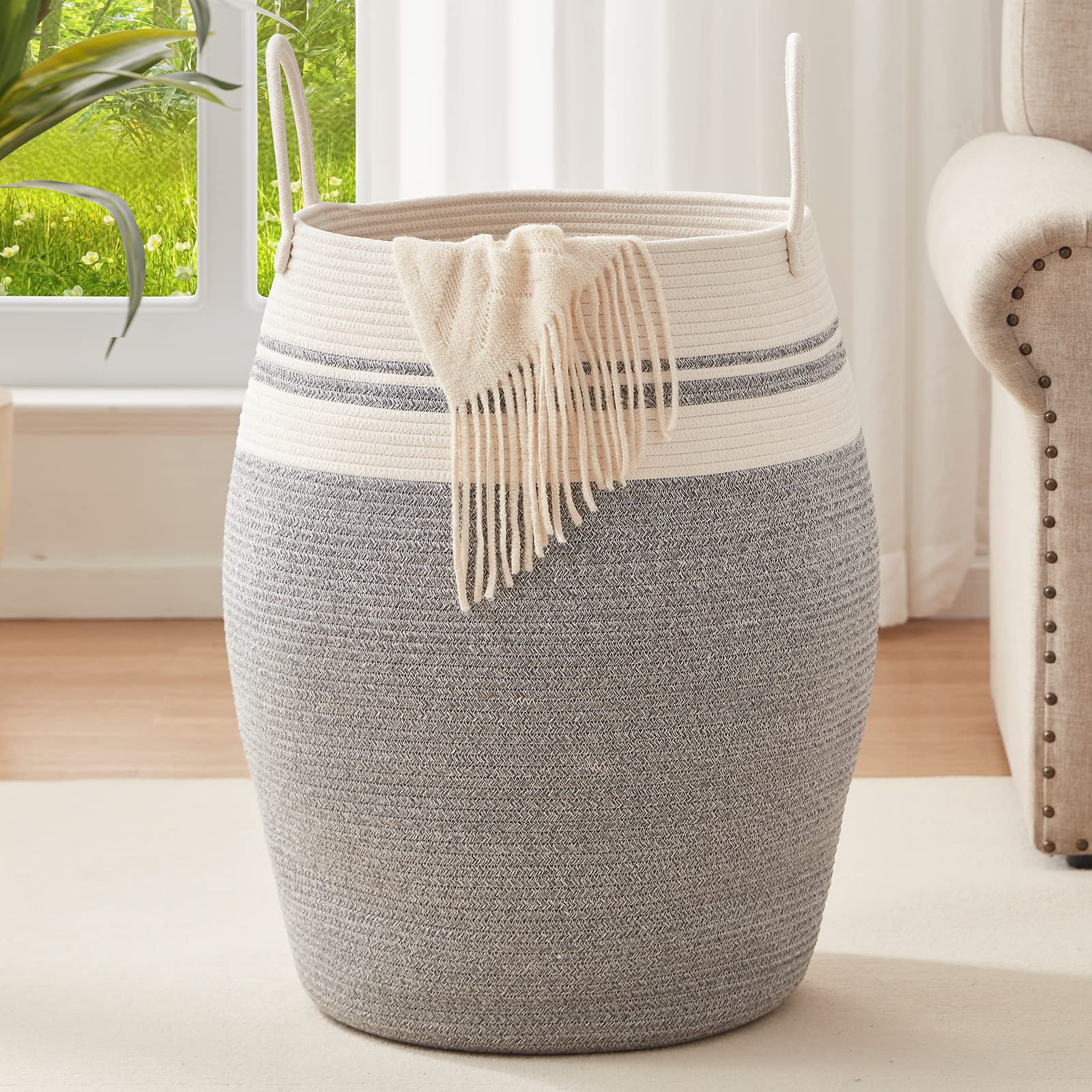 OIAHOMY front view showing white and grey hamper, stylish storage solution