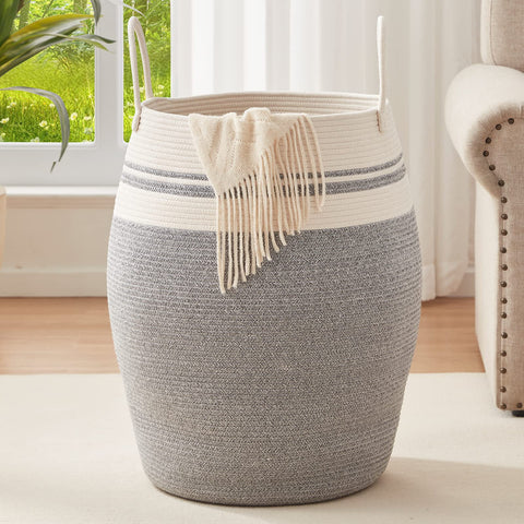 OIAHOMY front view showing white and grey hamper, stylish storage solution
