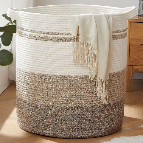 OIAHOMY front view of gradient yellow woven basket showing decorative design and storage benefit