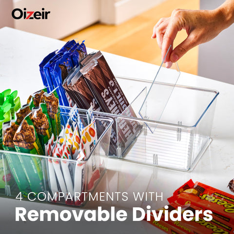 Oizeir bins inside a refrigerator keeping snacks visible and reachable