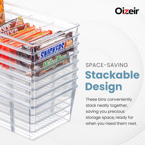 Oizeir stackable bins on a pantry shelf maximizing vertical space