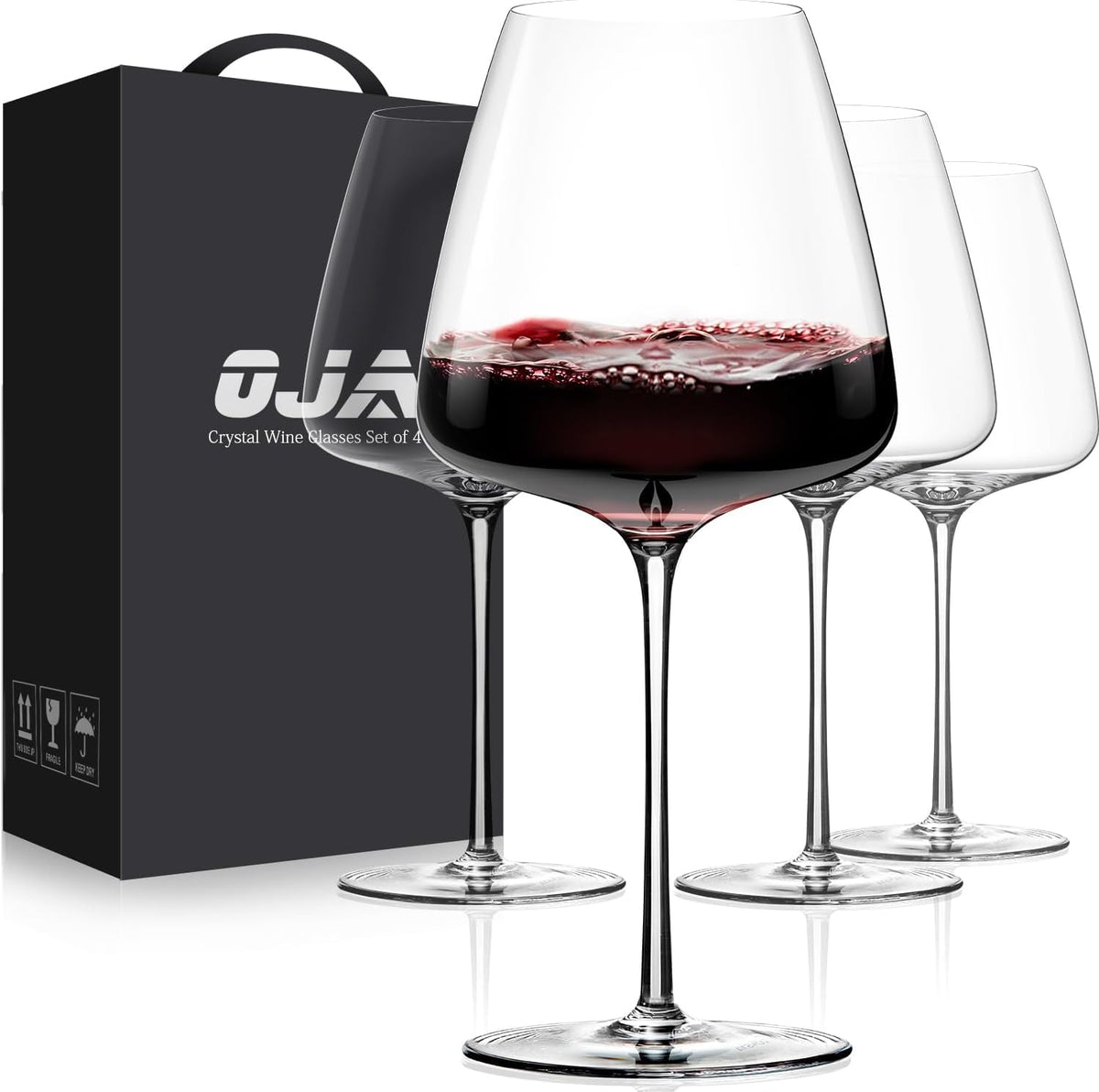 OJA brand front view of the four-piece boxed wine glass set highlighting clarity