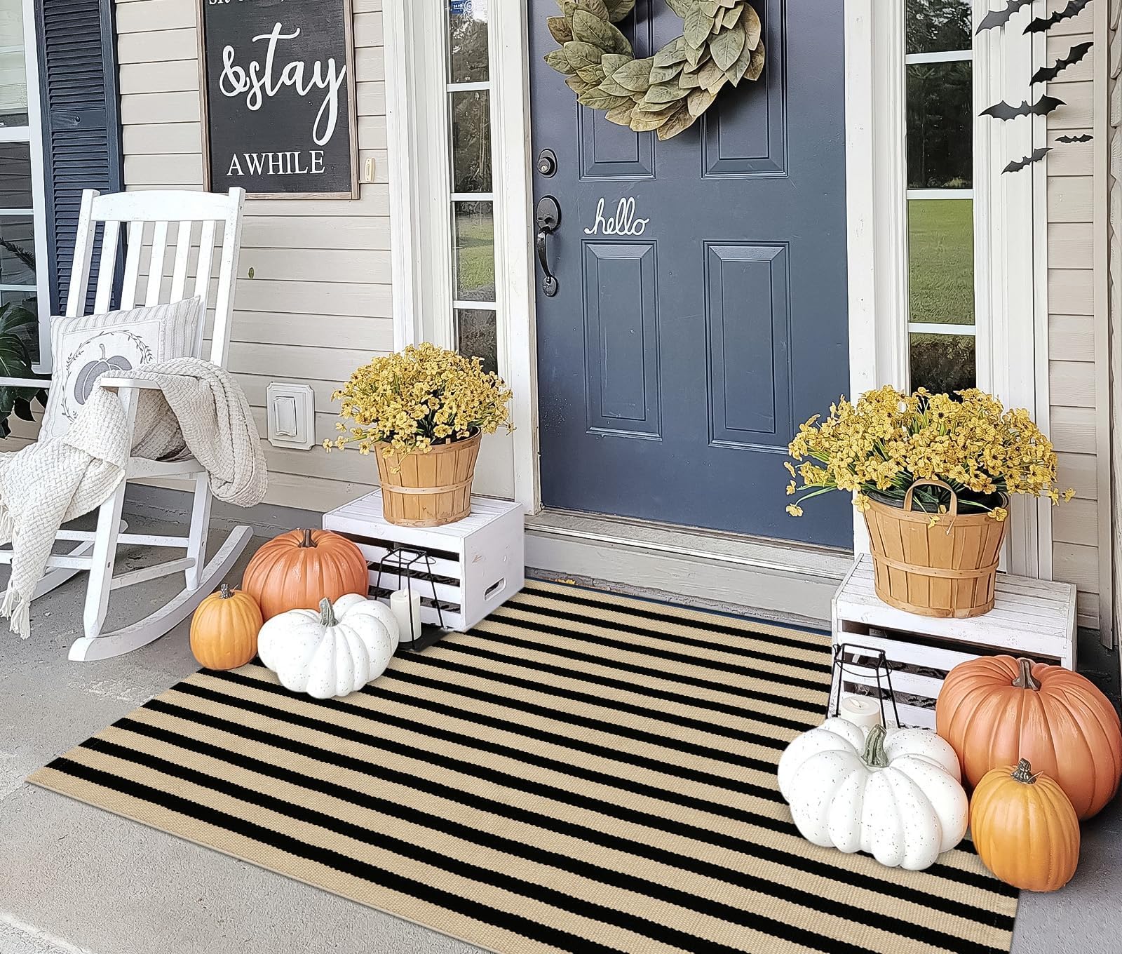 OJIA front view of 3x5 striped rug showing durable design and curb appeal