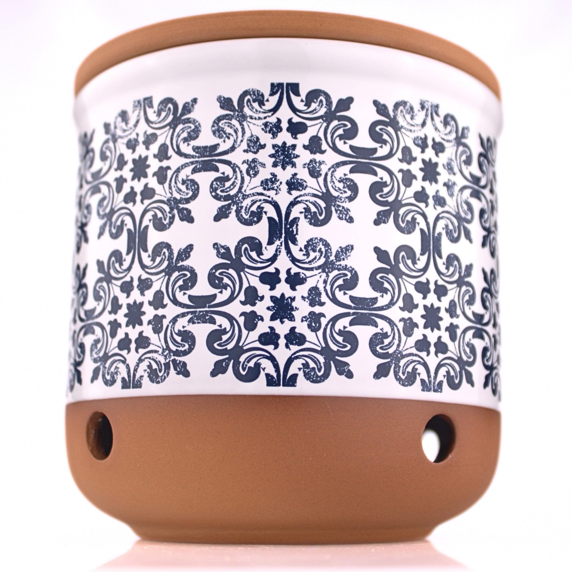 Okavango garlic keeper front view shows terracotta jar and tidy countertop storage benefit