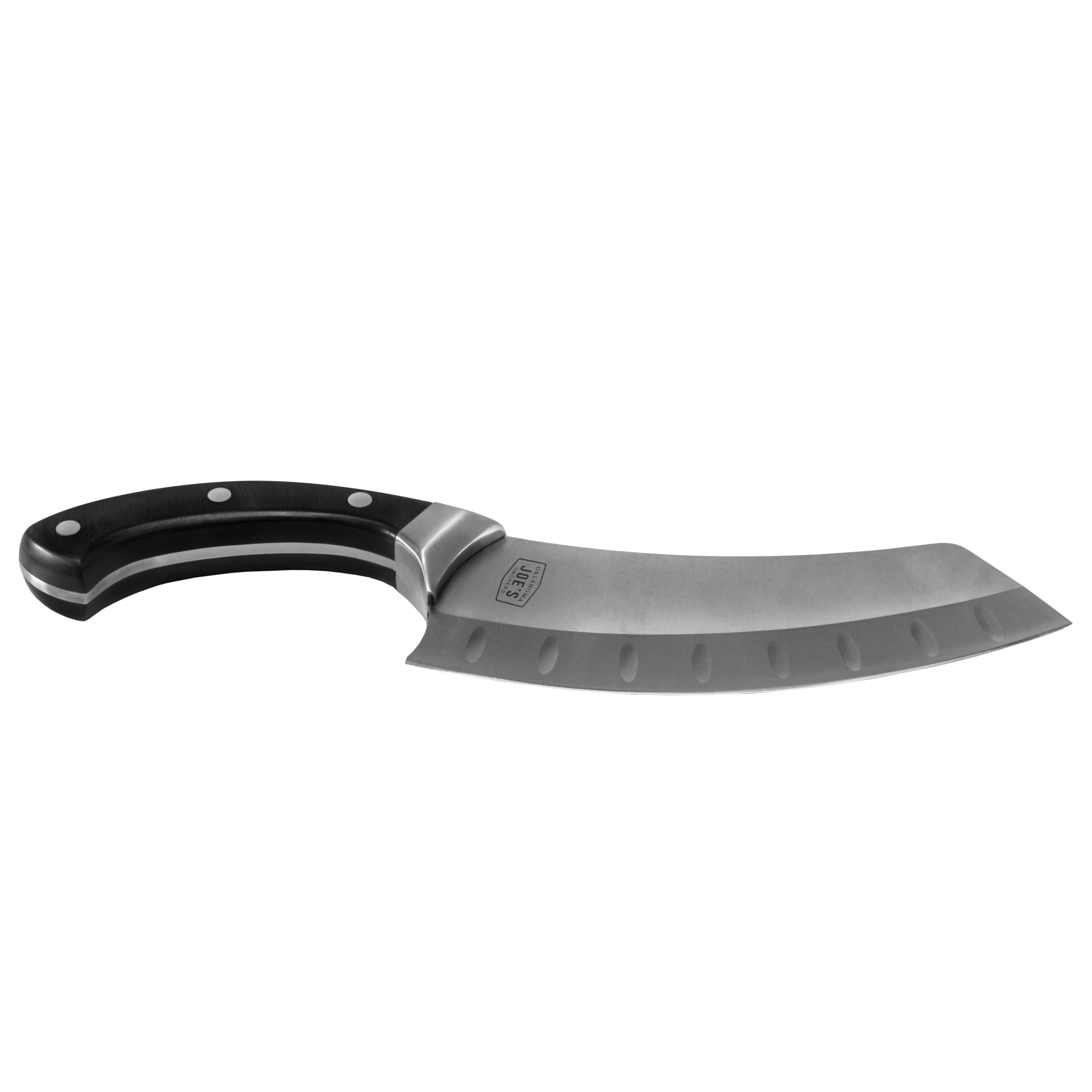 Oklahoma Joe's close-up of carbon steel blade showing sharp edge for precise cuts