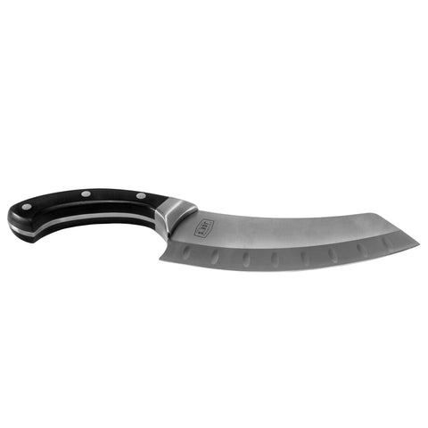 Oklahoma Joe's close-up of carbon steel blade showing sharp edge for precise cuts