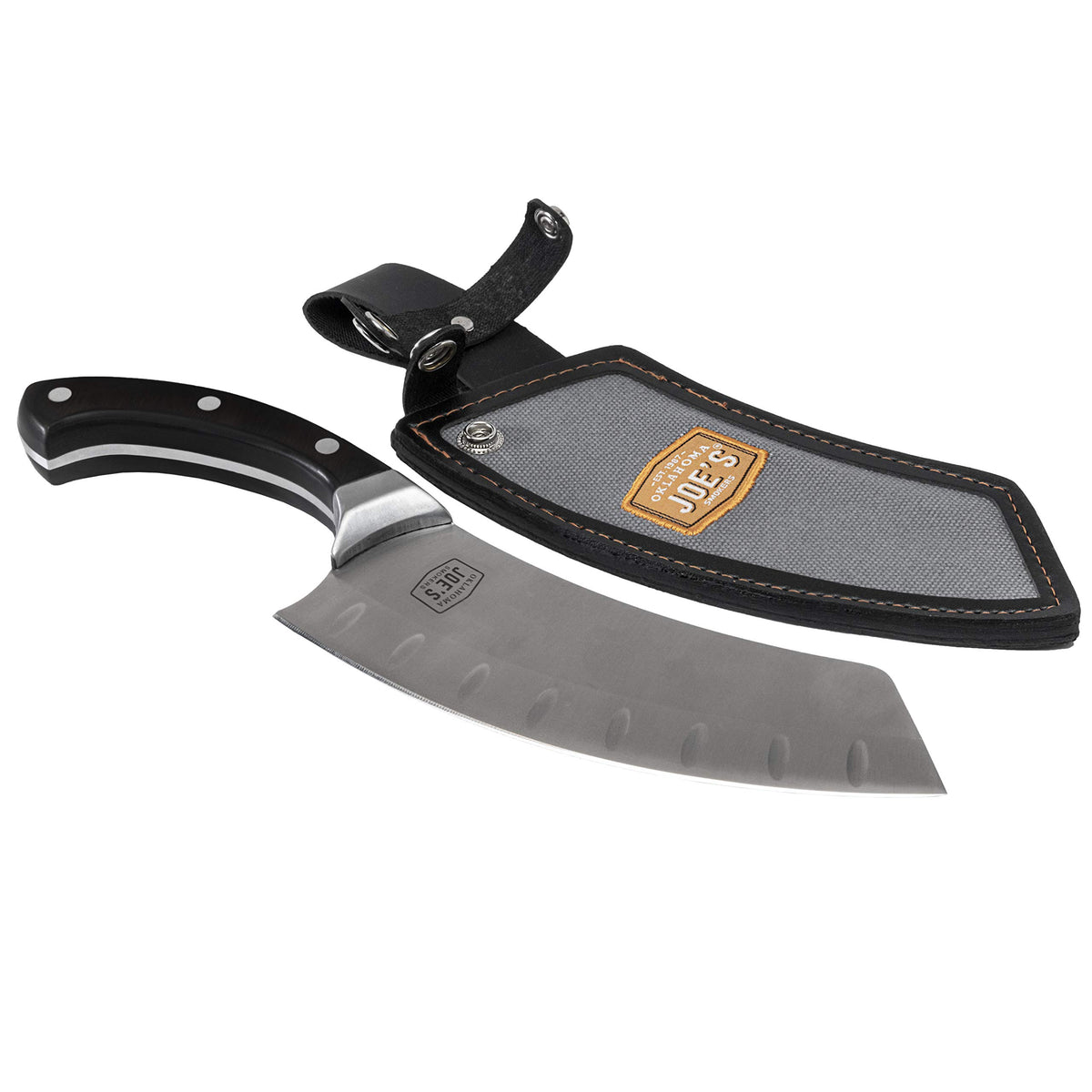 Oklahoma Joe's front view showing full-tang knife and holster for durable storage
