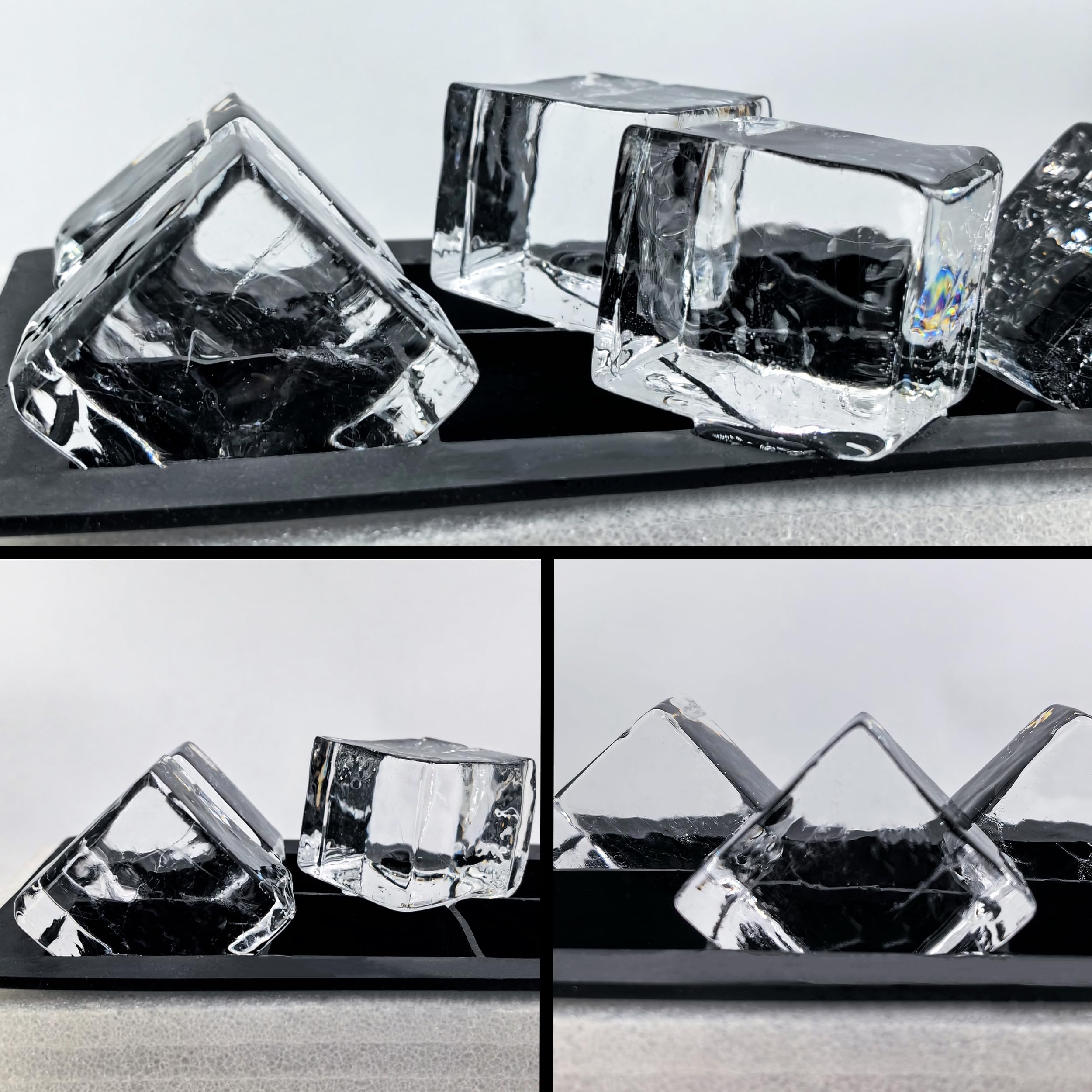 OKLGO released crystal ice cubes on cutting board for clean serving