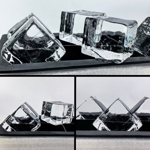 OKLGO released crystal ice cubes on cutting board for clean serving