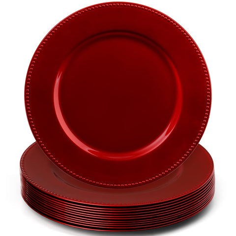 Okllen red charger plates front pack showing set of twelve and vibrant color