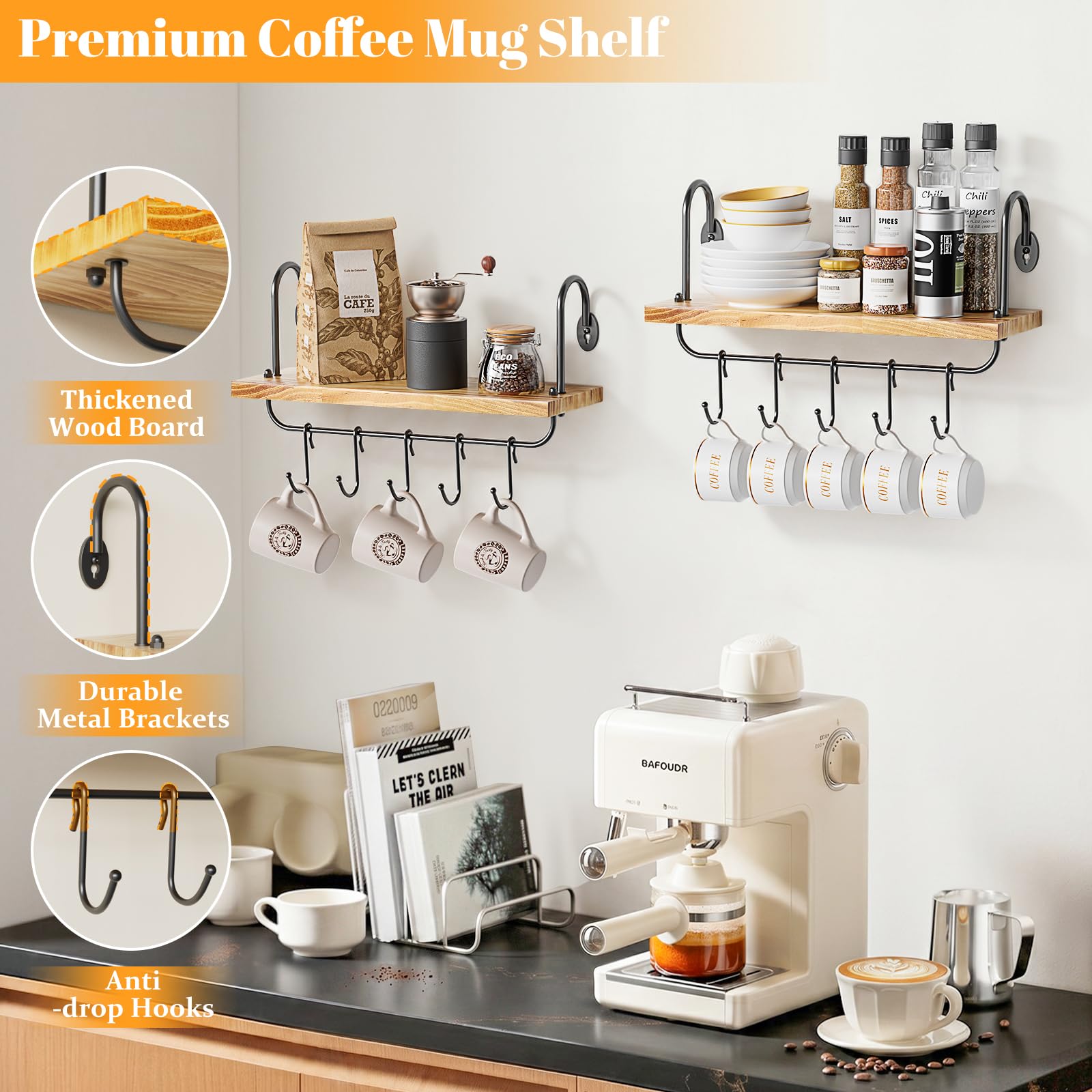 Olakee adjustable hooks holding mugs showing easy-access organization