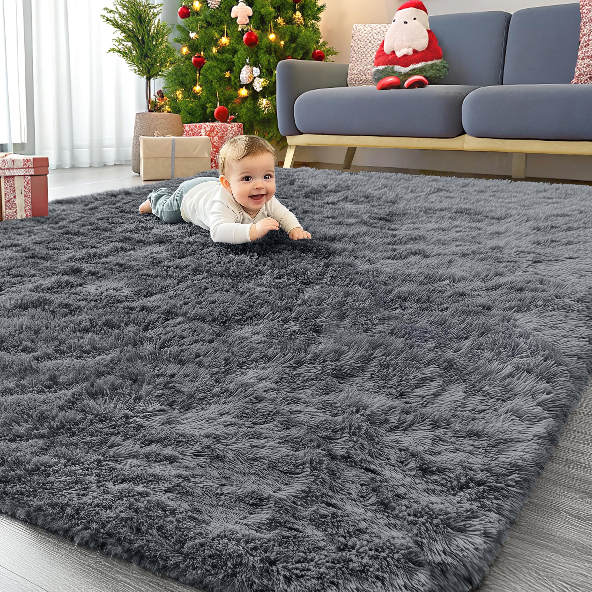 OLANLY grey rug front view showing large area coverage and cozy design
