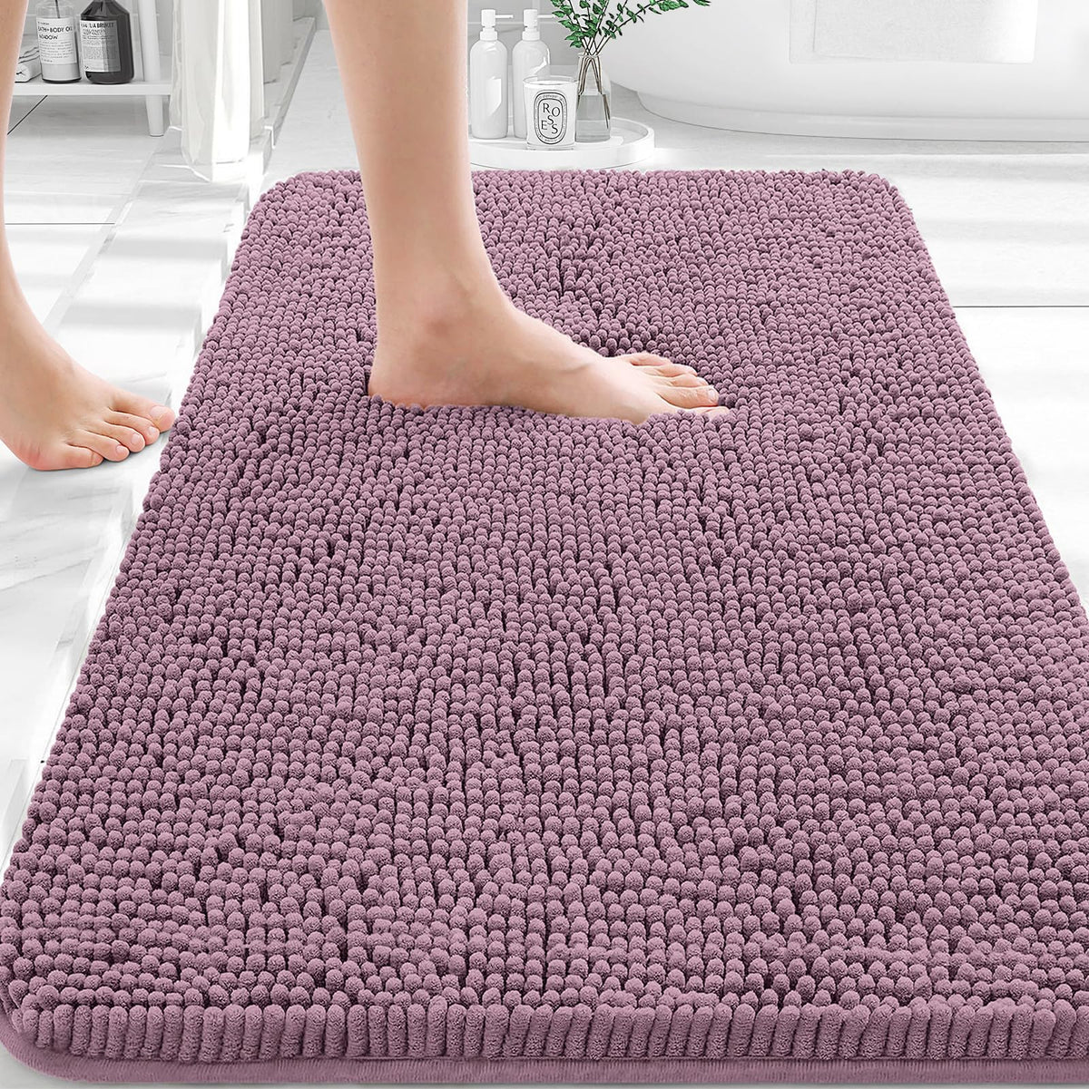 OLANLY front view of 30x20 bath rug showing plush chenille for comfort