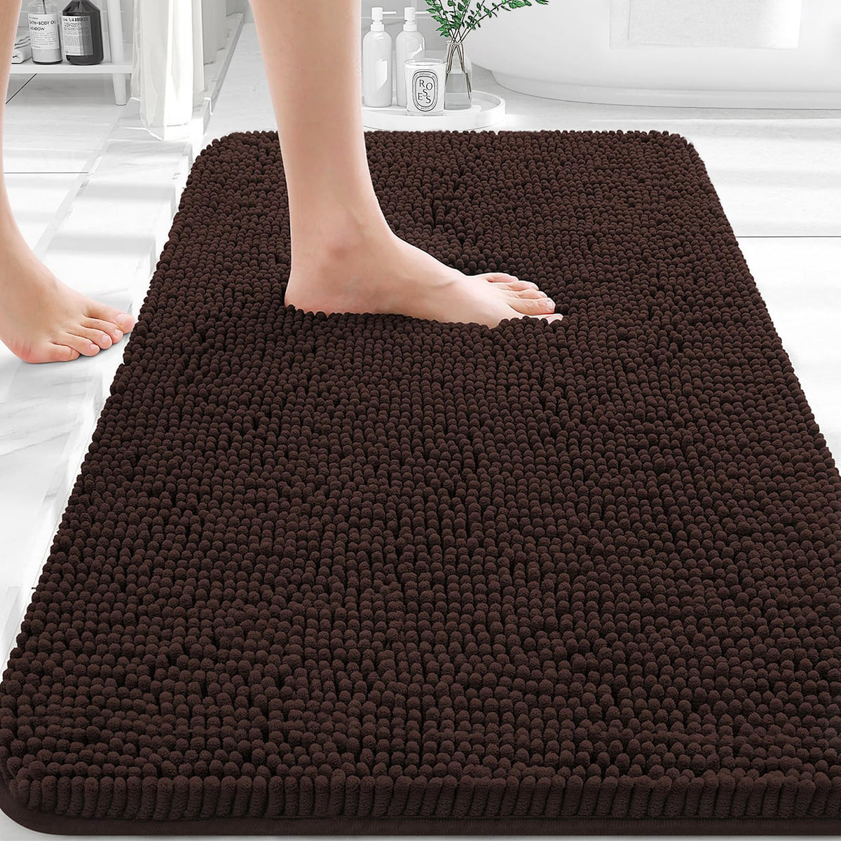 OLANLY front view mat on bathroom floor showing plush comfort