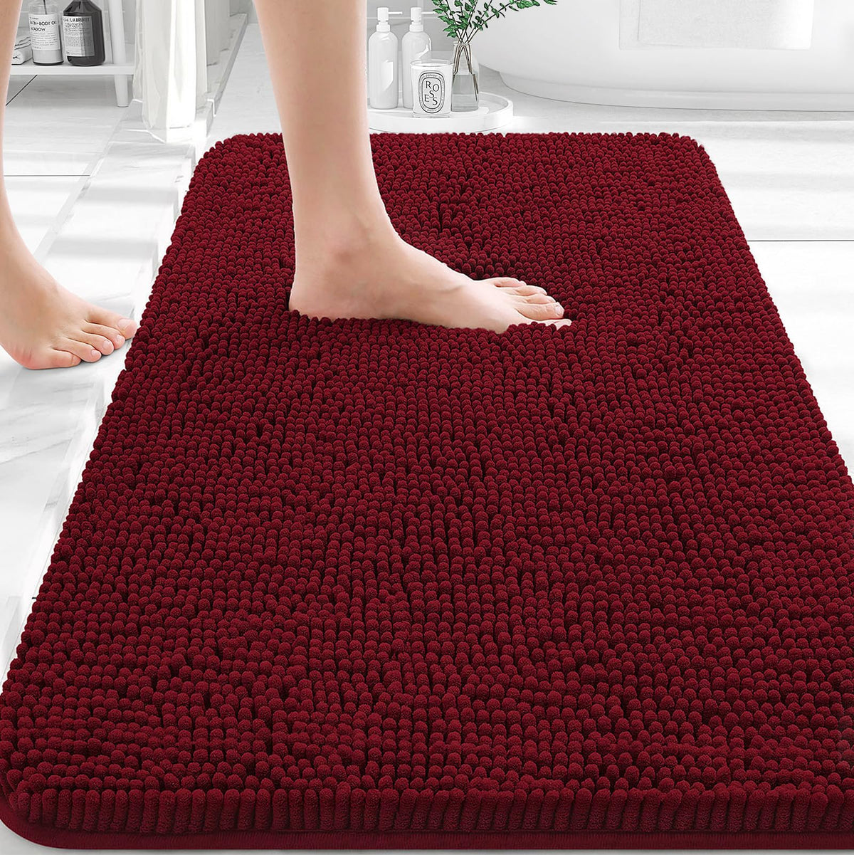 OLANLY front view of chenille bath rug showing plush surface and neat edges, soft comfort
