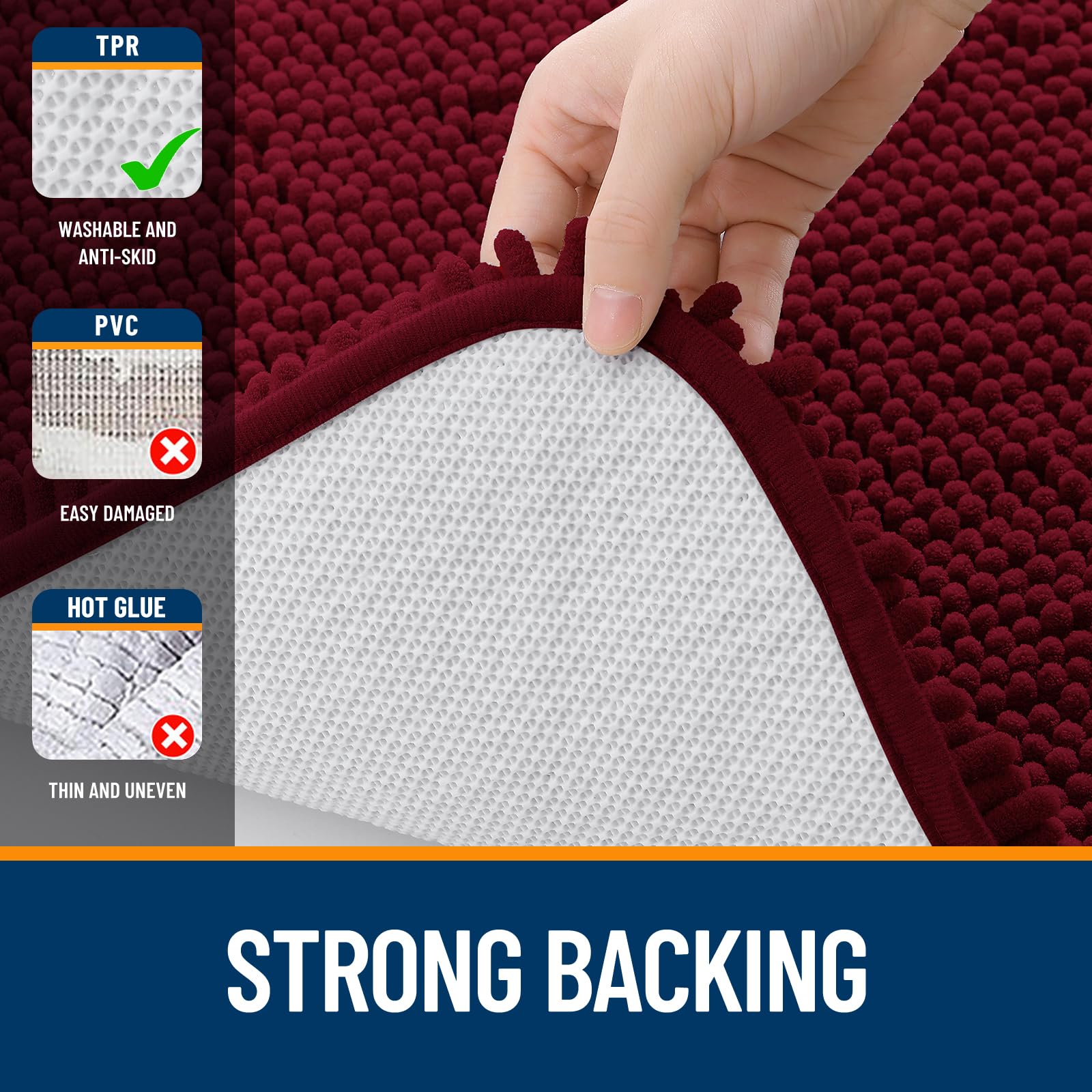 OLANLY folded rug with care tag illustrating machine-washable convenience and durability