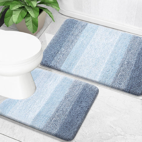 OLANLY front view of blue rug set showing matching stripe design and comfort